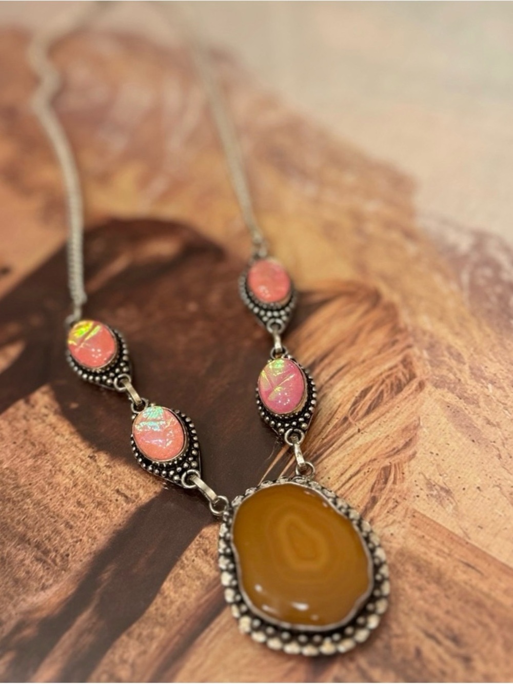 vintage polished agate necklace with 
Dichroic Glass Gemstone 925 Silver